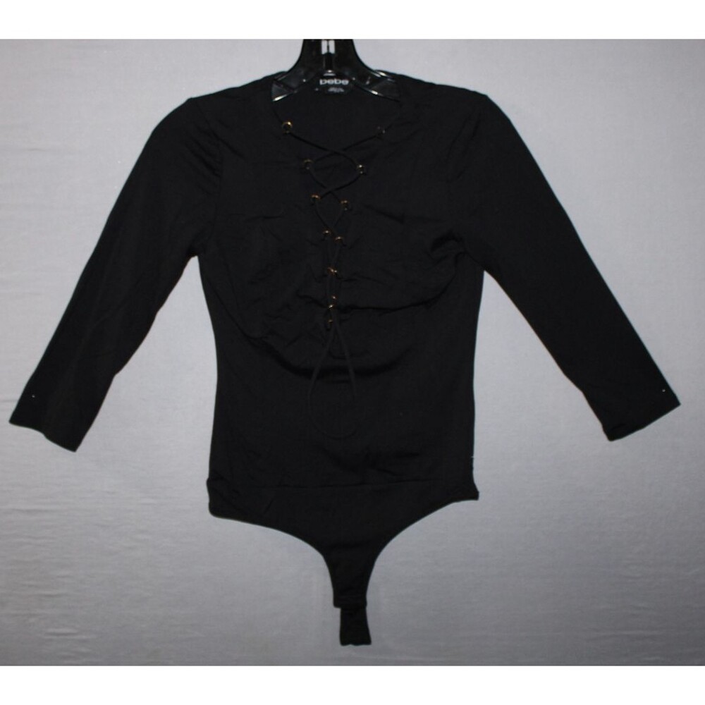 Bebe Lace Up Front Fitted Black Bodysuit Size Extra Small XS Snap Button Closure